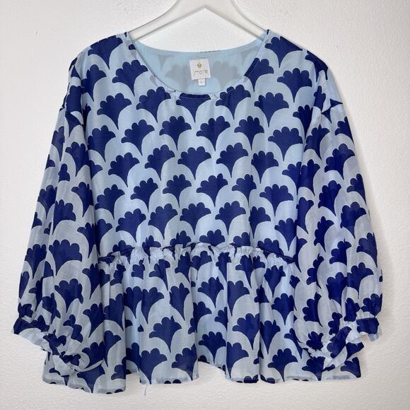 J Marie Womens Pippa Peplum Blouse Size L Blue Abstract Dopamine Preppy Relaxed - Picture 2 of 12